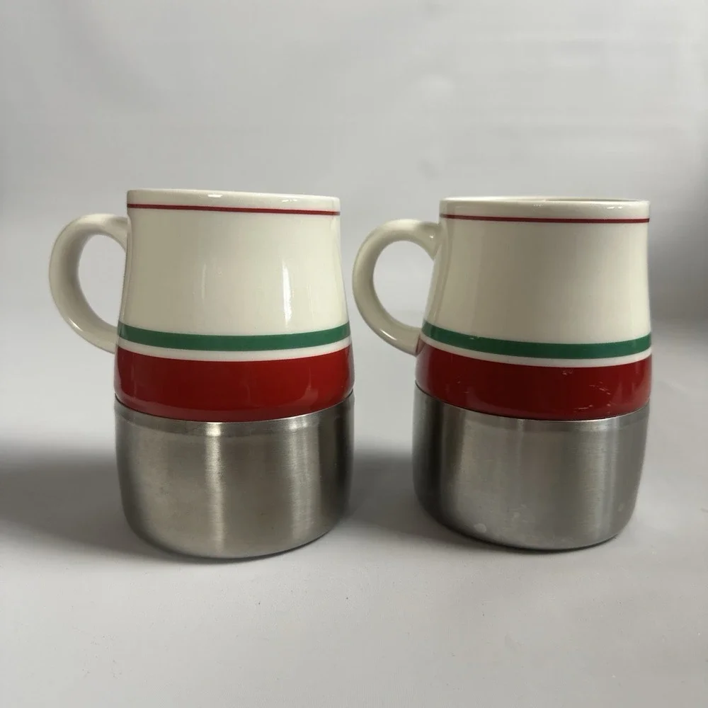 Starbucks 2006 Stainless Ceramic Coffee Travel Mugs Red Green Stripe 14oz No Lid